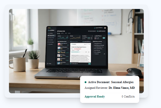 Laptop showing the content platform open on a Seasonal Allergies draft, with an Approval Ready card assigned to Dr. Elena Vance, MD and 0 conflicts