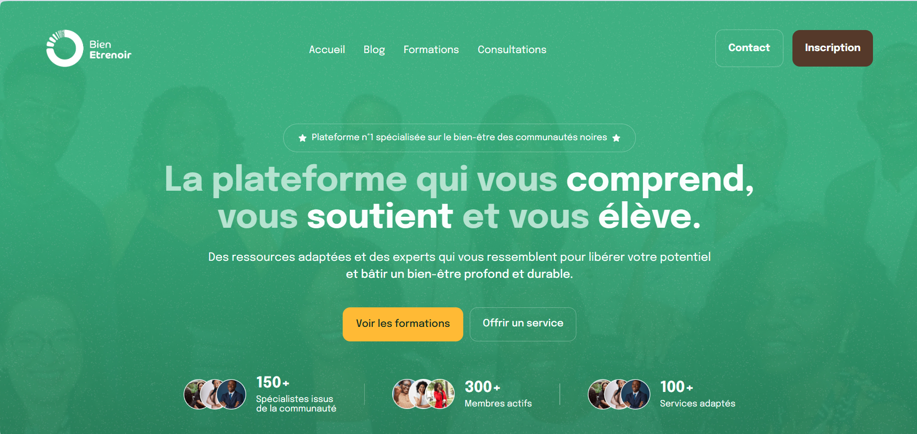 Bien Etrenoir home page: La plateforme qui vous comprend, vous soutient et vous élève, with 150+ specialists, 300+ active members and 100+ adapted services