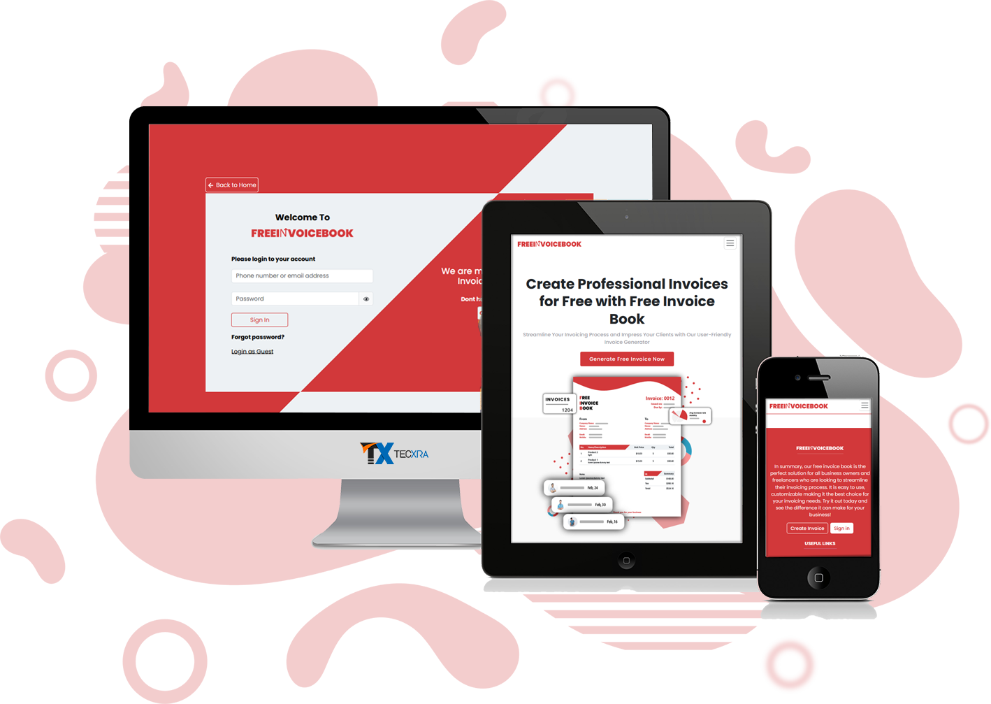 Free Invoice Book on desktop, tablet and phone: the sign-in screen and the landing page Create Professional Invoices for Free
