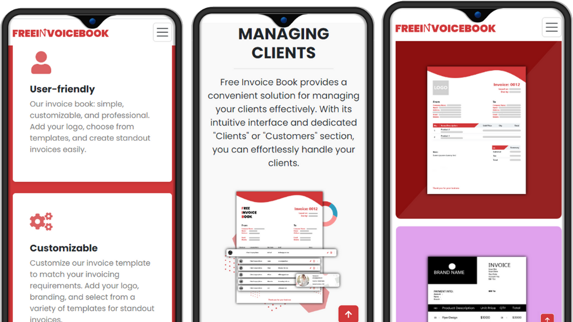 Free Invoice Book on mobile: the user-friendly and customizable feature cards, the Managing Clients section, and the invoice template gallery