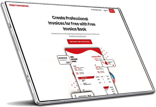 Free Invoice Book landing page on a tablet: Create Professional Invoices for Free with Free Invoice Book