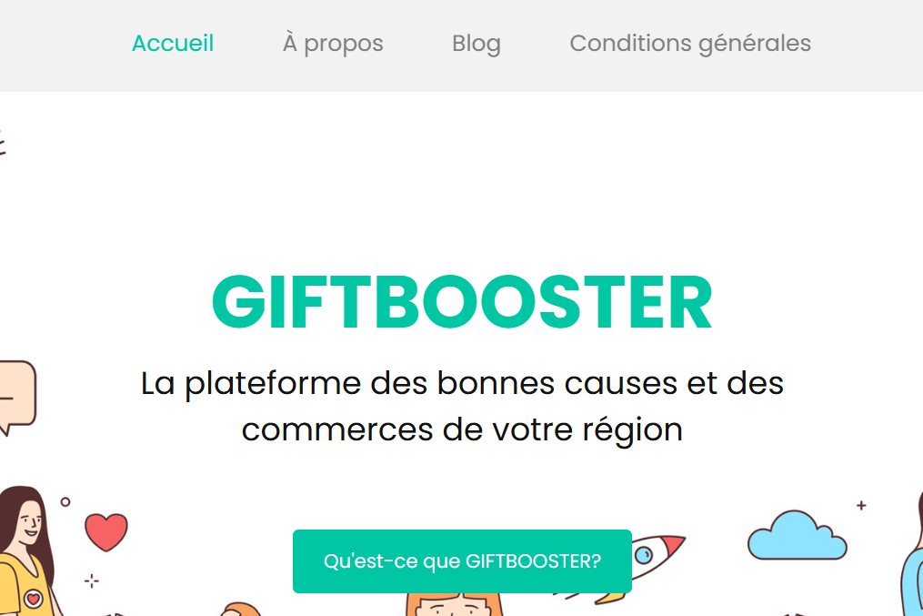 GIFTBOOSTER homepage: La plateforme des bonnes causes et des commerces de votre région, with the main navigation and Qu'est-ce que GIFTBOOSTER? button