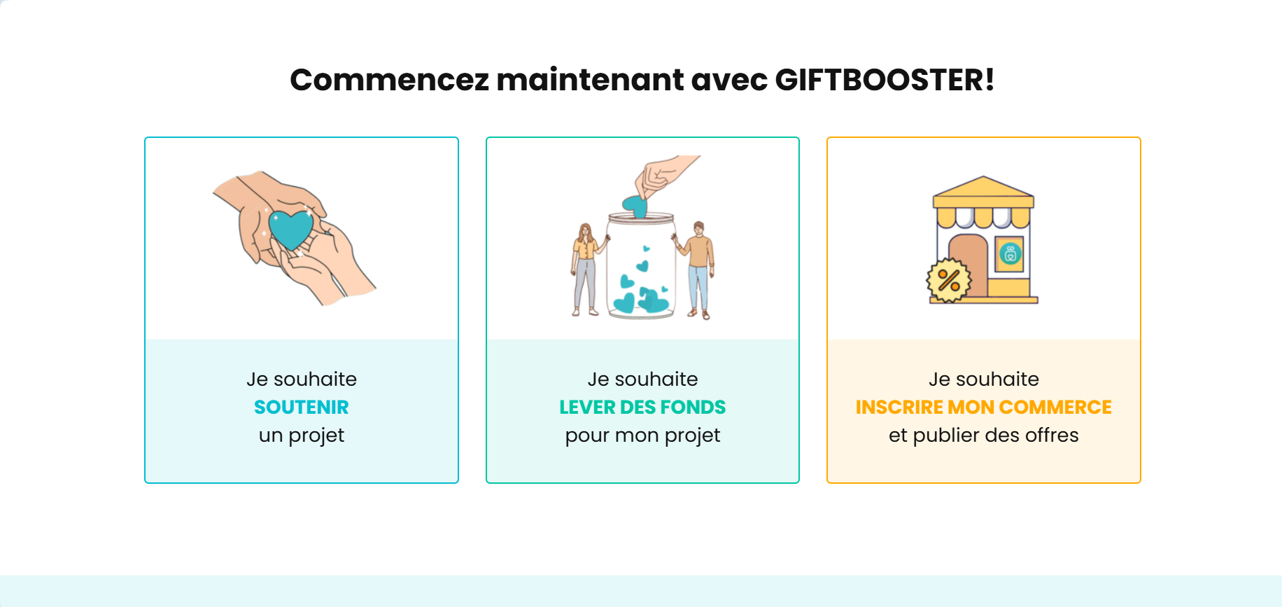 GIFTBOOSTER homepage showing the three entry points: support a project, raise funds for a project, or register a business and publish offers