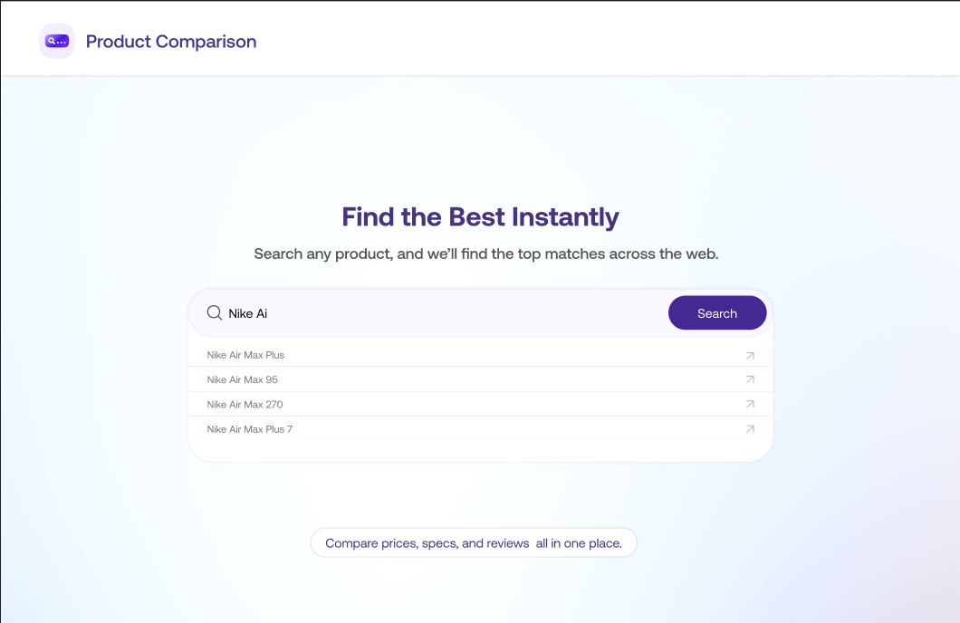 AI-assisted search with live product suggestions as the user types
